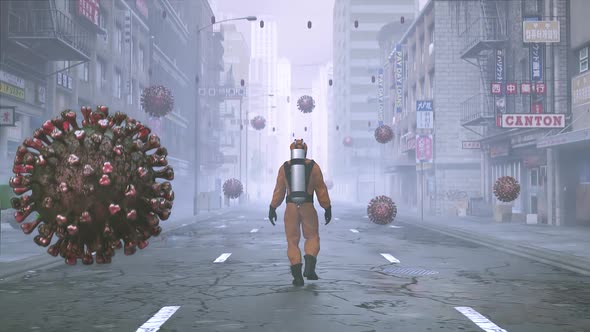 a Man in Special Protection Is Walking Around the City with Flying Coronavirus alt