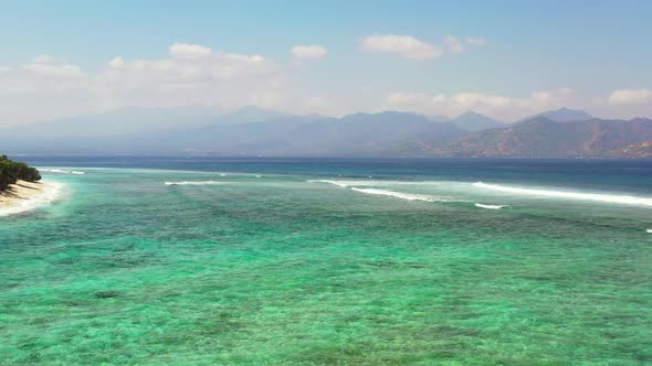 Aerial nature of relaxing bay beach journey by clear sea with clean sandy background of a daytrip ne