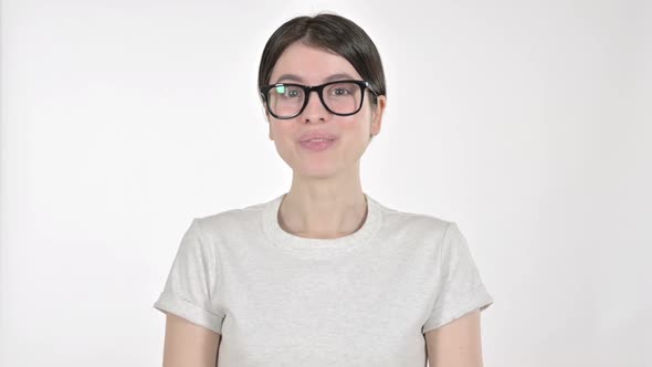 Cheerful Woman Saying Yes with Head Sign on White Background