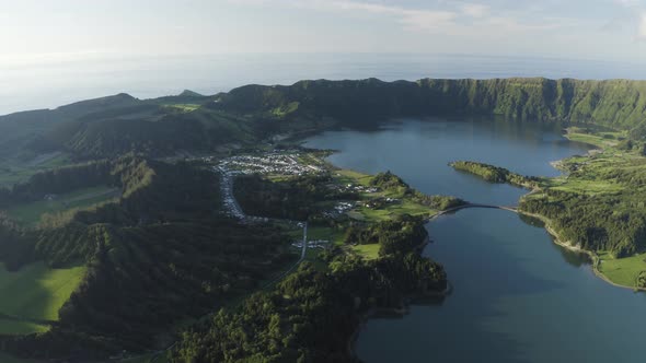 Aerial View of Volcanic lake Lagoa de Santiago, Candelaaria, Azores, Portugal.