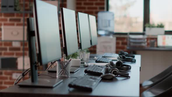 Nobody in Empty Call Center Workstation with Computers