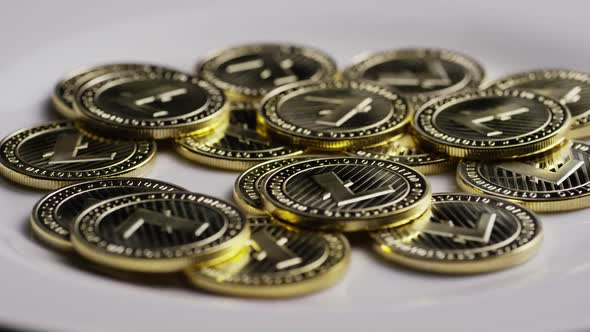 Rotating shot of Litecoin Bitcoins