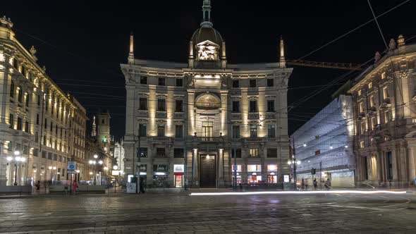 Piazza Cordusio is an Important Commercial Square in the City Night Timelapse Hyperlapse