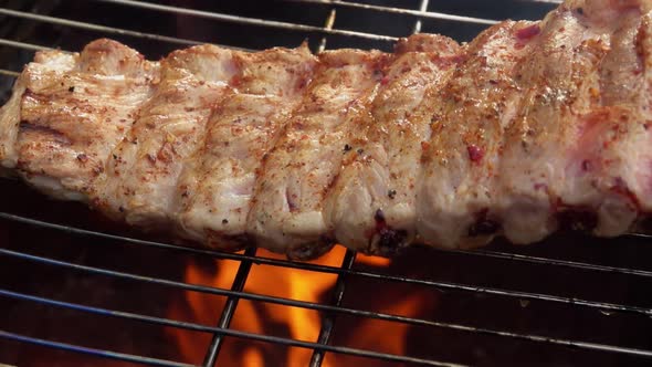 Closeup of the Delicious Spiced Ribs Rotated on the Grill Grid