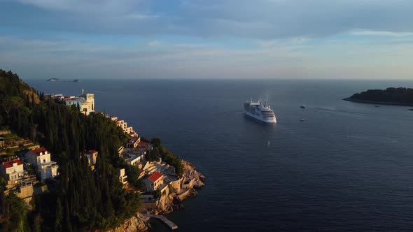 Luxury cruise ship on the Adriatic Sea visiting Dubrovnik, Croatia. Aerial view