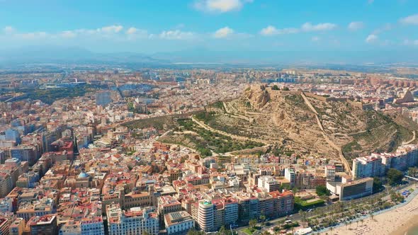 Alicante Spain Aerial View on the City Against the Sea with a View of the Mountain and Fortress