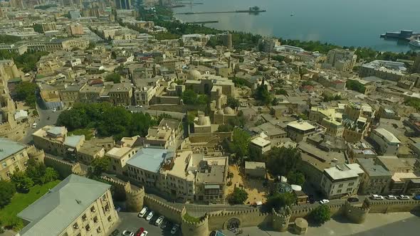 Areal drone footage of Baku old city Azerbaijan