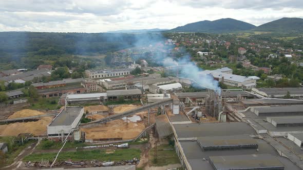 Aerial View of Wood Processing Factory with Smoke From Production Process Polluting Atmosphere at