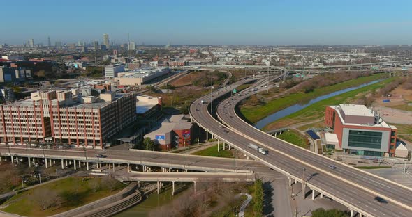 Drone view of cars on I-10 freeway near downtown Houston