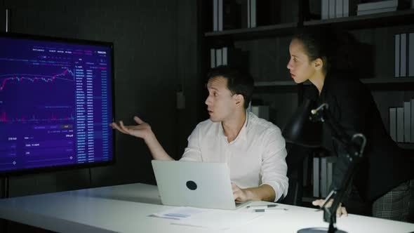 Business couple looking at monitors and discussing stock investments until nightfall.