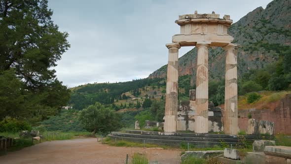 Tholos with Doric Columns at the Athena Pronoia Temple Ruins in Delphi, Greece