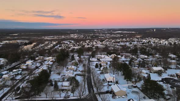 Top View the Snow Covered Roofs Houses and Town Streets of USA