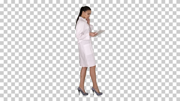 Woman Doctor Using Tablet Pc and Walking, Alpha Channel