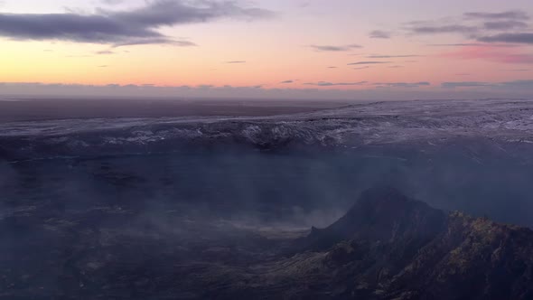 Volcano Scenery During Sundown After A Destructive Eruption. Aerial Forward