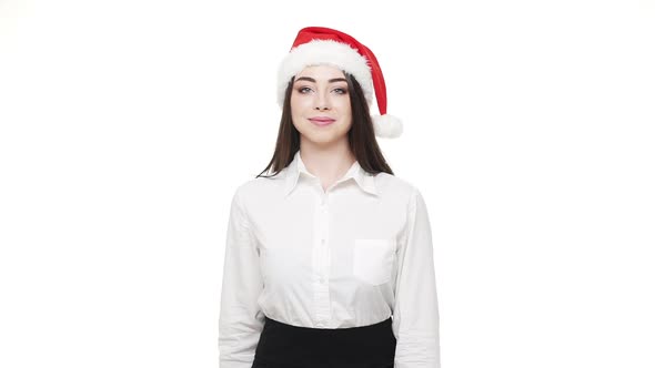 Slow Motion Happy Young Business Woman Giving Parcel Christmas Box To Camera.