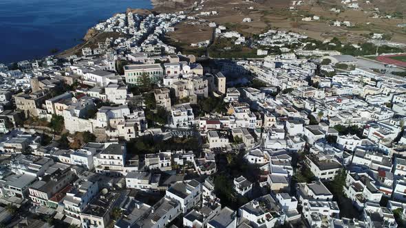 Village of Chora on the island of Naxos in the Cyclades in Greece from the sky