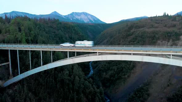 4K Drone Video of RV Camper Crossing Hurricane Gulch Bridge on Parks Highway Alaska Route 3 Near Den