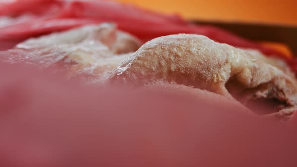 Closeup View of Hands in Gloves Packing Chicken Legs From a Box Into Individual Plastic Bags