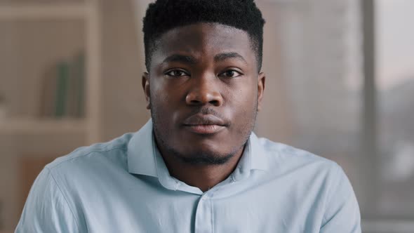 Portrait of Concentrated African Businessman Brunet Young Guy with Confident Calm Serious Eyesight