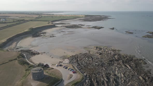 Heritage Buildings At Bandstand Playground With Rocky Coast And Beach Near Balbriggan In Dublin, Ire