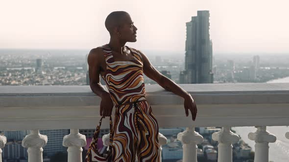 Fashion Model Leaning Against Balustrade Over City