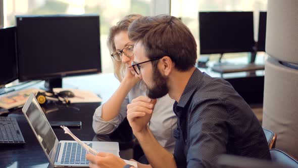 Media Marketing Discussion Meeting.Two Colleague Talking In Office About Business Project.