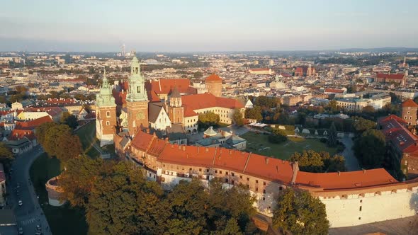 Aerial View of Royal Wawel Cathedral and Castle in Krakow, Poland, with Vistula River, Park, Yard