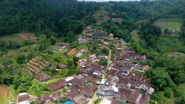 Scenic aerial view of exotic Sutopati Village on hill in Central Java, Indonesia