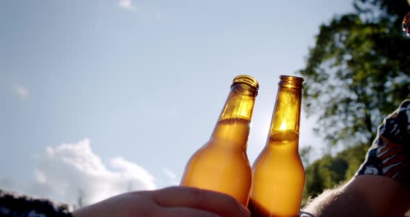 Celebration Beer Cheers Concept, Hands Holding Up Bottles of Beer of People Group in Outdoor Party