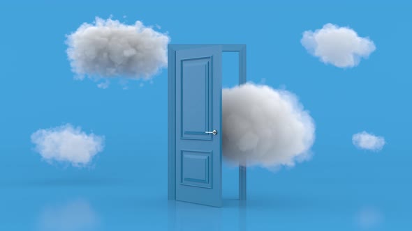 White clouds going through, flying out, open blue door