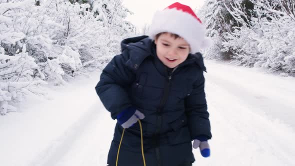 A Boy in Winter Clothes and a Santa Claus Hat Rolls a Sled on the Way