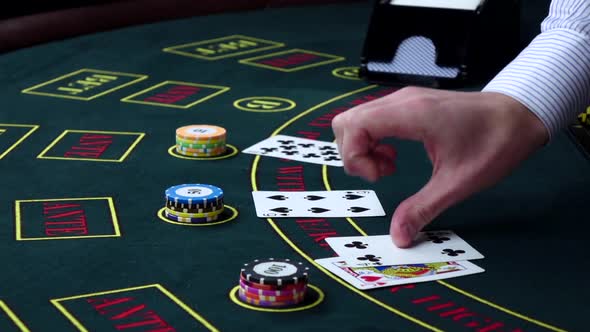 Croupier Deal Cards on Poker Table with Chips, Slow Motion