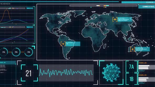 Animation of the world map on a screen with icons popping, macro coronavirus Covid-19 cell analyzed