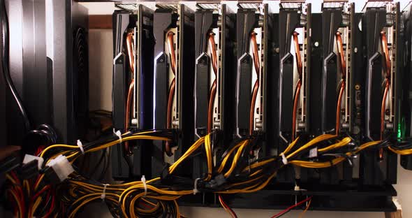 Rig for Cryptocurrency Mining Installed at Home Closeup