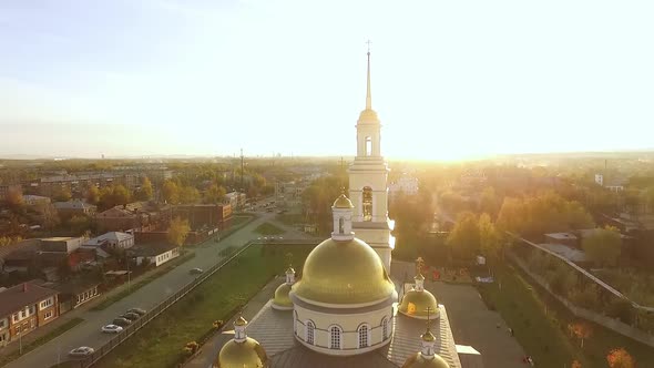 Aerial view of Transfiguration Cathedral in autumn sunny city