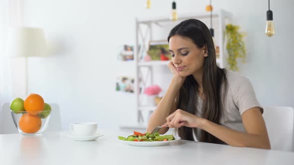 Dissatisfied Woman Looking on Salad, Healthy Low-Calorie Diet for Weight Loss