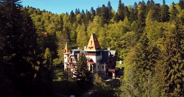 Pelisor Castle In The Romanian Forest Aerial