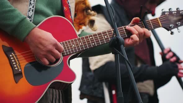 A Music Band Playing Instruments on Stage on the Festival - a Man Wearing Fox Skin