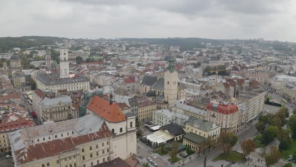 Aerial Drone Video of European City Lviv Ukraine Rynok Square Central Town Hall Latin Cathedral