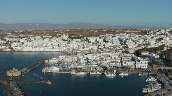 Paros island, Naousa cityscape, old and new port aerial drone video footage