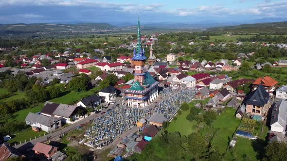 Aerial Right Pan Merry Cemetery In Sapanta, Maramures Region Of Romania