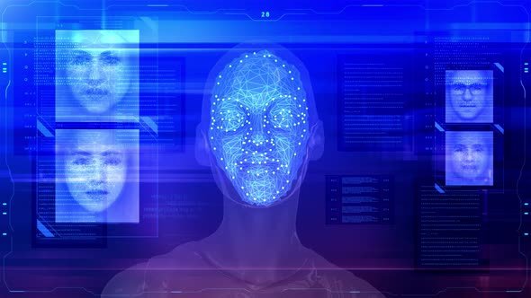 Facial Recognition With Blue Electronic Digital Background