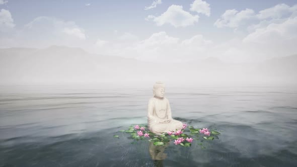 Day Timelapse Of Beautiful Sea Landscape With Buddha and Lotuses