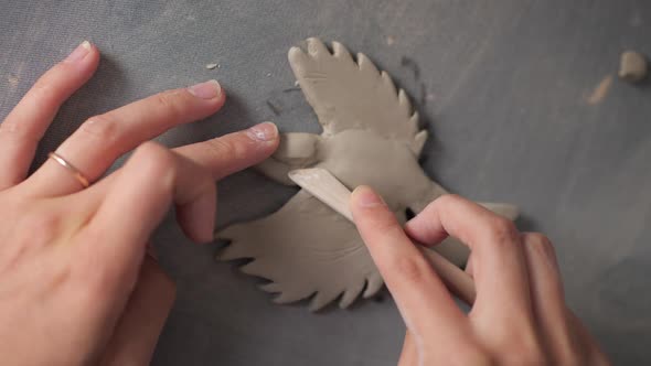 Close Up Top View of Potter Woman Hands Working on Details of a Clay Handcraft Bird