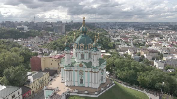 Kyiv. Ukraine. St. Andrew's Church. Aerial. Flat, Gray