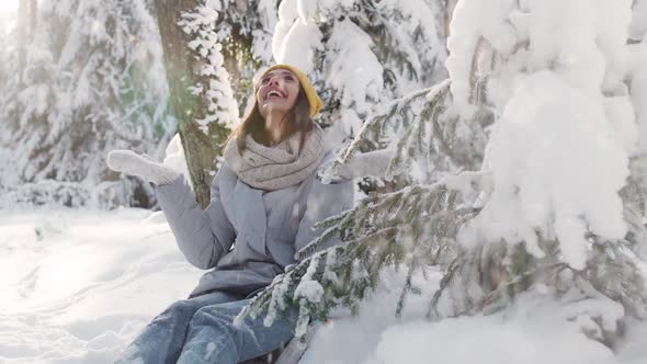 Portrait of a Beautiful Female in a Winter Forest Cheerful Young Woman Sitting Next To a Tree and