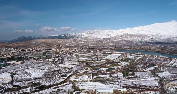 Aerial view of a dry vineyard in the snow, Golan Heights, Israel.