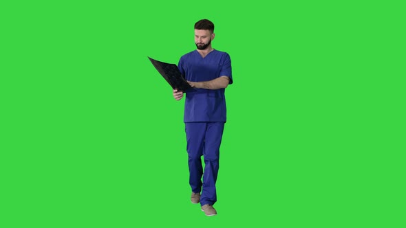 Surgeon Studying Mri Brain Scan While Walking on a Green Screen, Chroma Key.