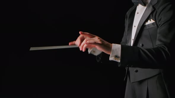 Symphony Orchestra Conductor Wearing Suit is Directing Musicians with Movement of Baton Isolated on