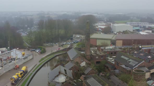 Aerial view of Kensington Pottery Works an old abandoned, derelict pottery factory and bottle kiln l